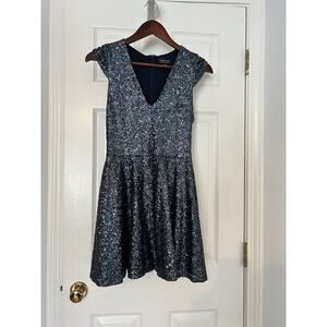 Topshop Sequin Skater Dress US 4 Gunmetal Holographic V Neck Party Fit Flare